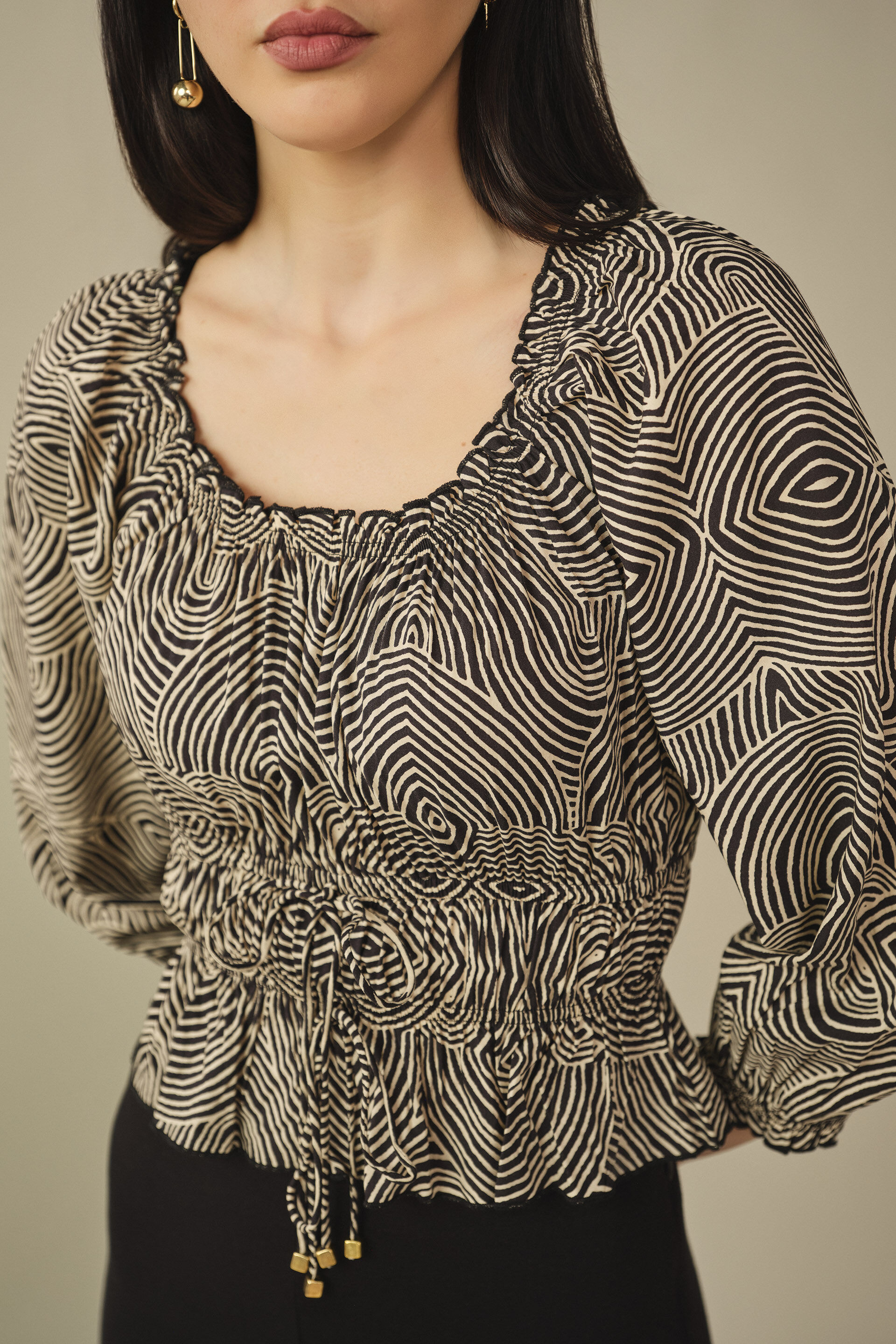 Abstract Printed Smocked Top in Black, Black, image 2
